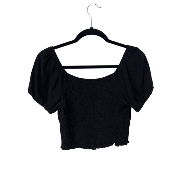 L.A. Hearts Smocked Cropped Top Small Black Lightweight Short Sleeve Stretchy Ra - Picture 2 of 7